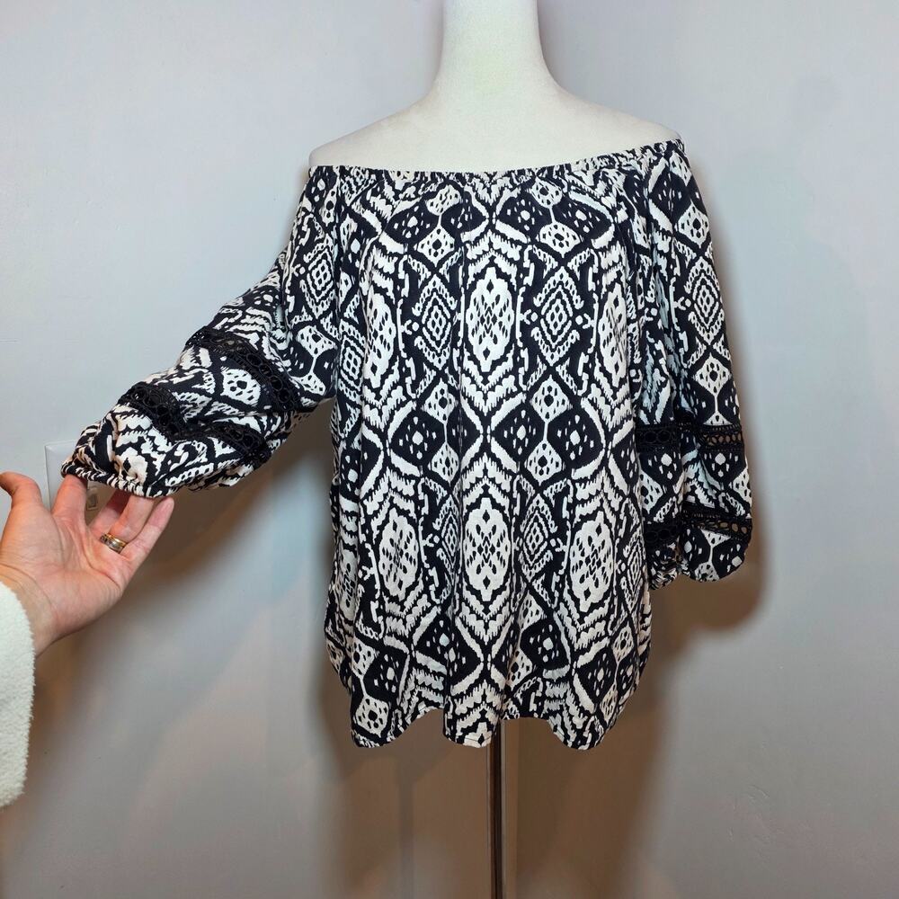Women's White Black Linen Top Tribal Print Off Shoulder Boho Beachy Size XL